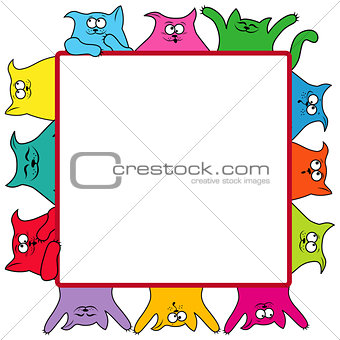 Many amusing cats around a square billboard