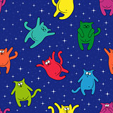 Seamless pattern with amusing cats on starry sky