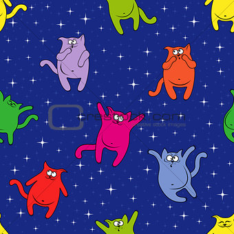 Seamless pattern with funny cats on starry sky