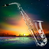abstract night background with city and saxophone