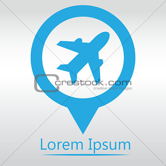 Airplane sign. Plane symbol. Travel icon. Flight flat label.  icon map pin