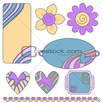 Colorful tags or labels, hearts and flowers