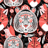 beautiful pattern  portraits of tigers and foxes