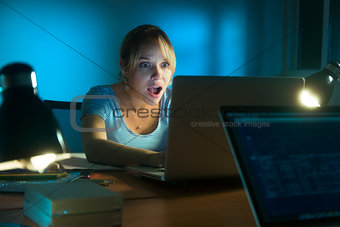 Woman Watching Shocking Message On Social Network Late Night