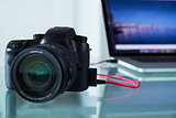 DSLR Photo Camera Tethered To Laptop Computer With USB Cable