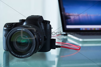 DSLR Photo Camera Tethered To Laptop Computer With USB Cable