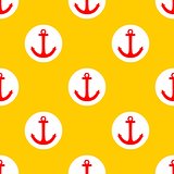 Tile sailor vector pattern with red anchor and white polka dots on summer yellow background