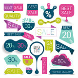 Big set of colorful sale stickers, bubbles, ribbons. Vector illustration.