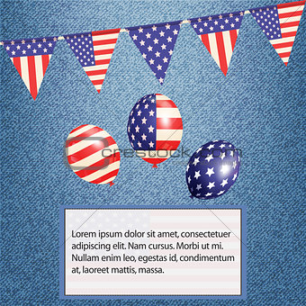 American bunting and balloons on denim background with text