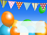 balloons and bunting on blue sky with message