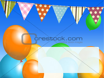 balloons and bunting on blue sky with message