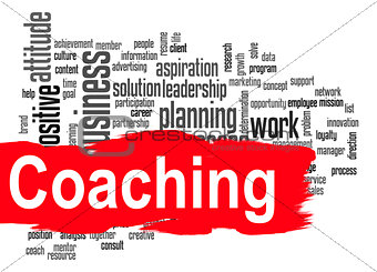 Coaching word cloud with red banner