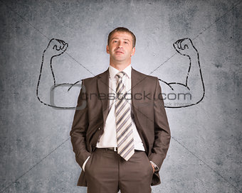 Businessman with strong arms drawn in pencil