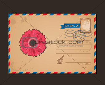 Vintage postcard and postage stamps. Design flower envelope pattern letters