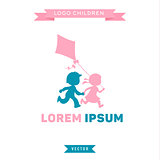 Logo Children run and play with a kite, vector illustration icon