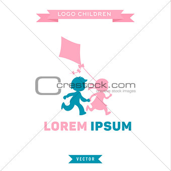 Logo Children run and play with a kite, vector illustration icon