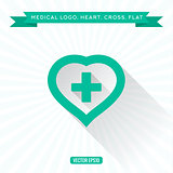 Medical icon flat heart of the cross, low Shadow