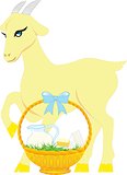 Goat with products, a basket of dairy products, a young animal, a livestock