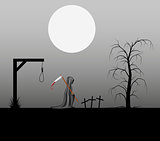 Spooky background with grim reaper with bloody scythe in a cemetery