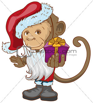 Monkey symbol 2016 in Santa hats holding gift box.