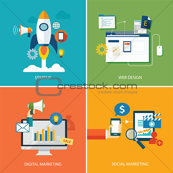 set of digital marketing,startup, web design and social marketin