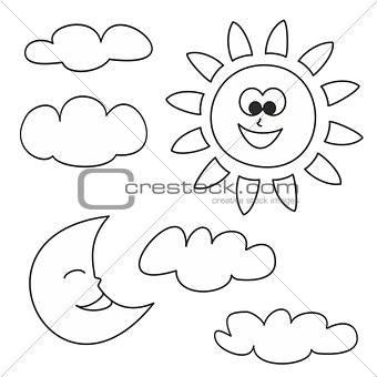 Sun, moon and clouds icons vector illustrations isolated on white background
