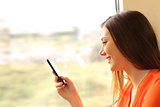Passenger using a mobile phone in a train