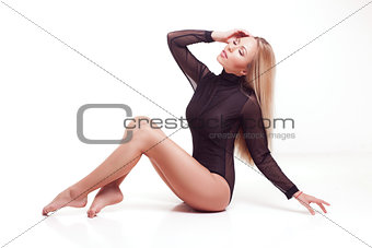 blond woman with long hair in black underwear