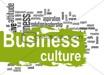 Business culture word cloud with green banner