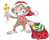 Monkey in Santa hats holding sparkler and bag of gifts