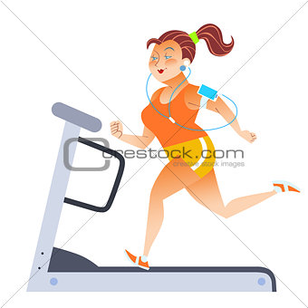 Fat woman on sport stationary treadmill
