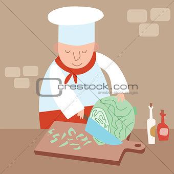 Cook shreds cabbage restaurant kitchen