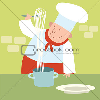 Cook spaghetti in a restaurant kitchen