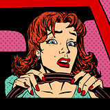Inexperienced woman driver car accident pop art comics retro sty