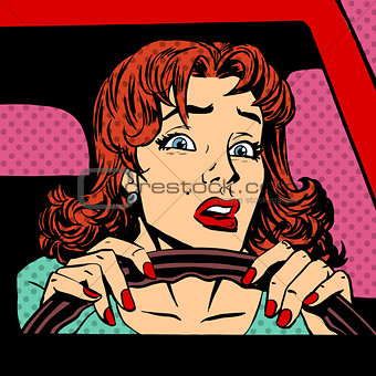 Inexperienced woman driver car accident pop art comics retro sty