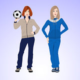 Two sports woman with a soccer ball.