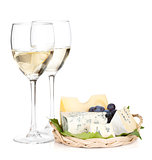 Cheese, grape and two white wine glasses