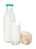 Milk bottle, glass and bread