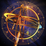 Armillary Sphere With Zodiac Symbols Over Blue Background.