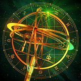 Armillary Sphere With Zodiac Symbols Over Green Background.