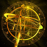 Armillary Sphere With Zodiac Symbols Over Black Background.