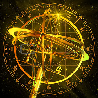 Armillary Sphere With Zodiac Symbols Over Black Background.