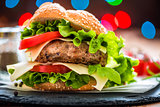 Closeup of Hamburger with Fresh Vegetables