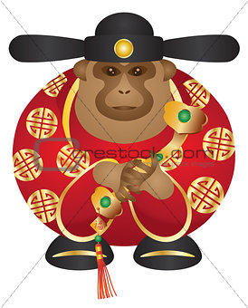 Chinese Money God Monkey with Ruyi Scepter Color Illustration