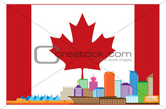 Vancouver BC Canada Colorful Skyline in Canadian Flag Illustrati