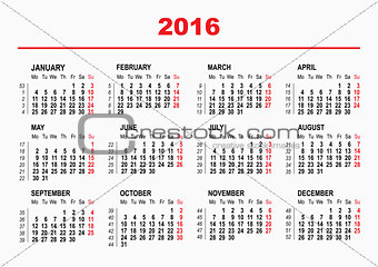 2016 Calendar template. Horizontal weeks. First day Monday