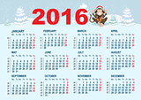 2016 Calendar template. Monkey is sitting on snow
