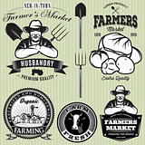 set badges with the farmer and vegetables for the farmers shop