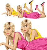 Blonde in pink lies on a floor