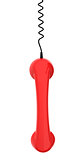 Red Retro Business Telephone Receiver Hangs by its Cord on White Background